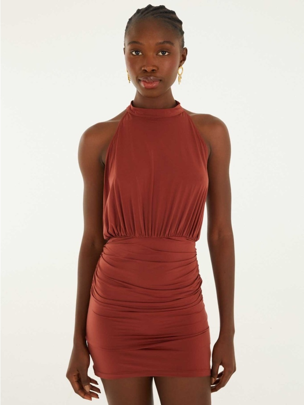 FARM Rio Brown High Neck Draped Open Back Mini Dress NWT L - Picture 4 of 6